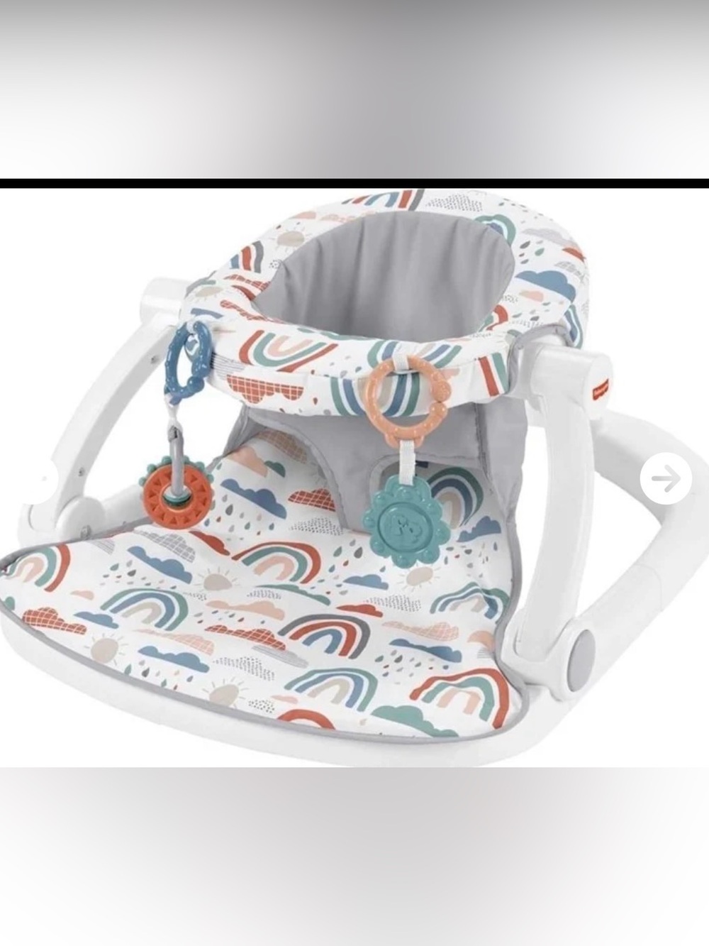 Fisher-Price Grey Seat with Multicolor Rainbow Print and Teething Toys